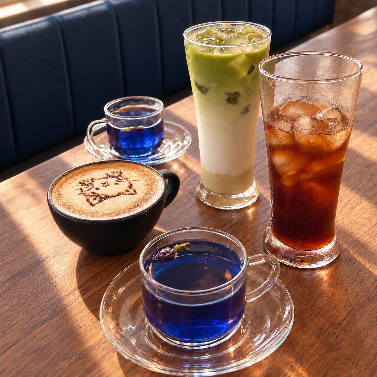 Café drinks on a wooden table: a cappuccino with a cat face in the foam, an iced matcha, iced tea and blue tea