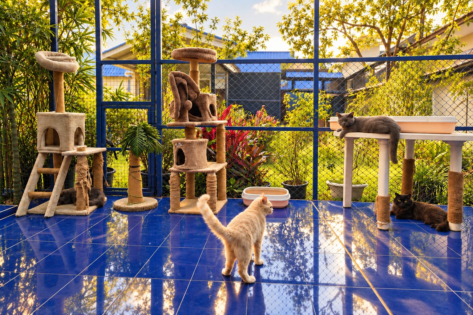 The cat area: cat trees on blue tiles inside a mesh enclosure, with cats resting and exploring