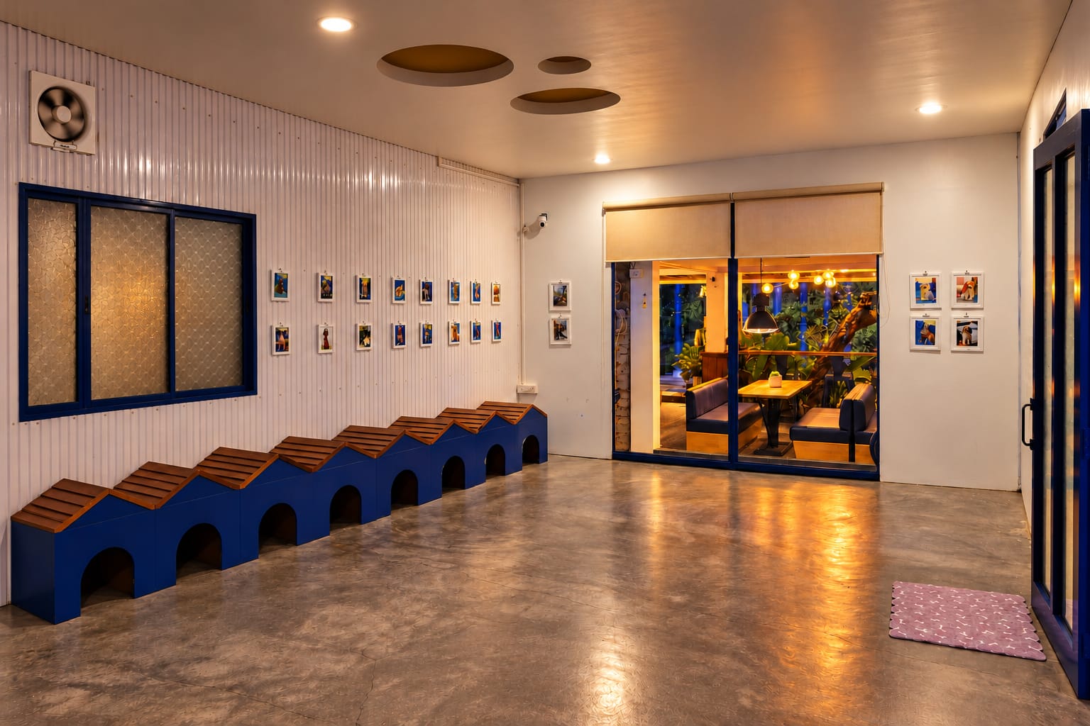 The indoor dog room in the evening: a row of small blue dog houses, framed pet photos and glass doors to the café