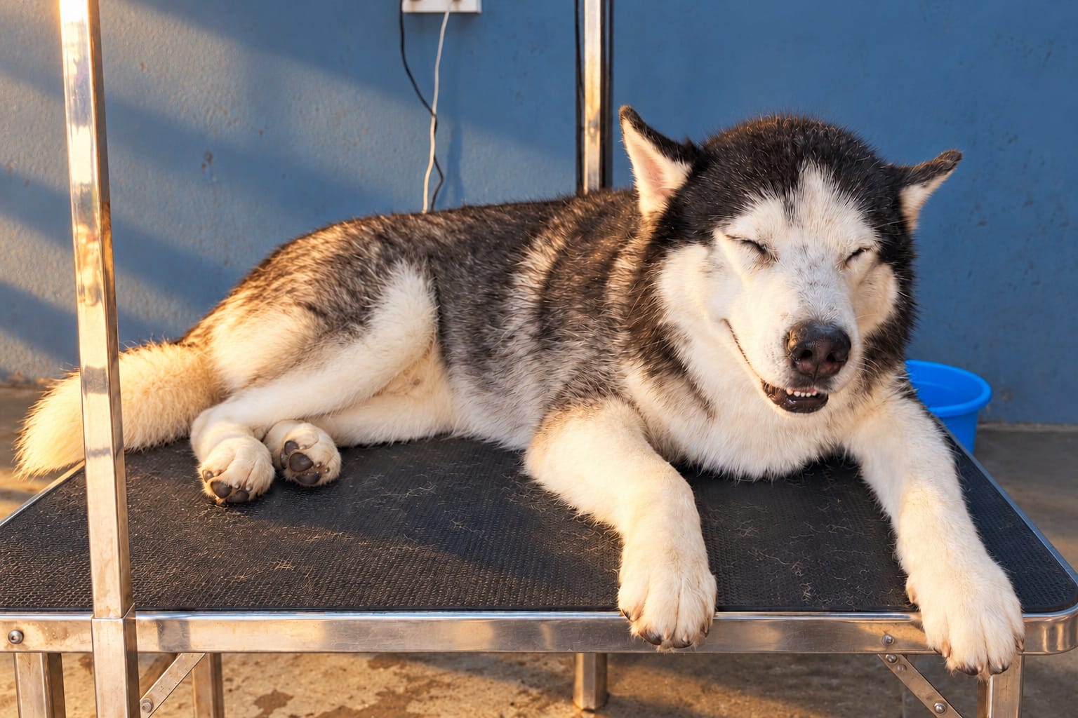 Leader, a black-and-white husky, lying on the grooming table with his eyes closed