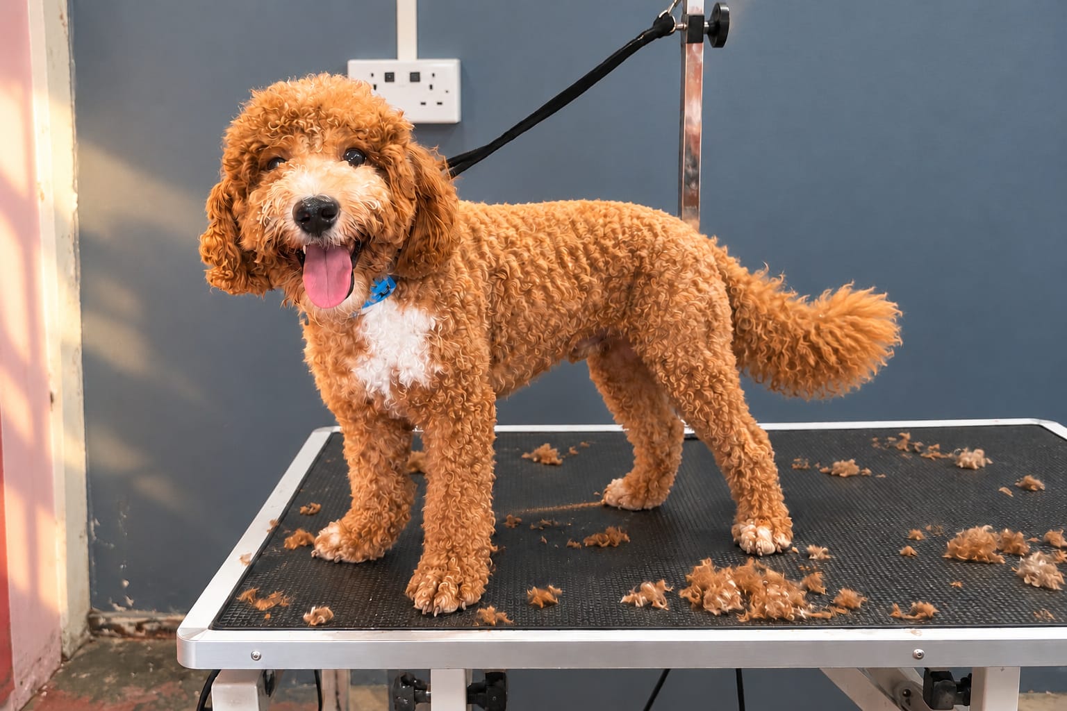 A curly apricot poodle standing on the grooming table, tongue out, with fresh clippings around its paws