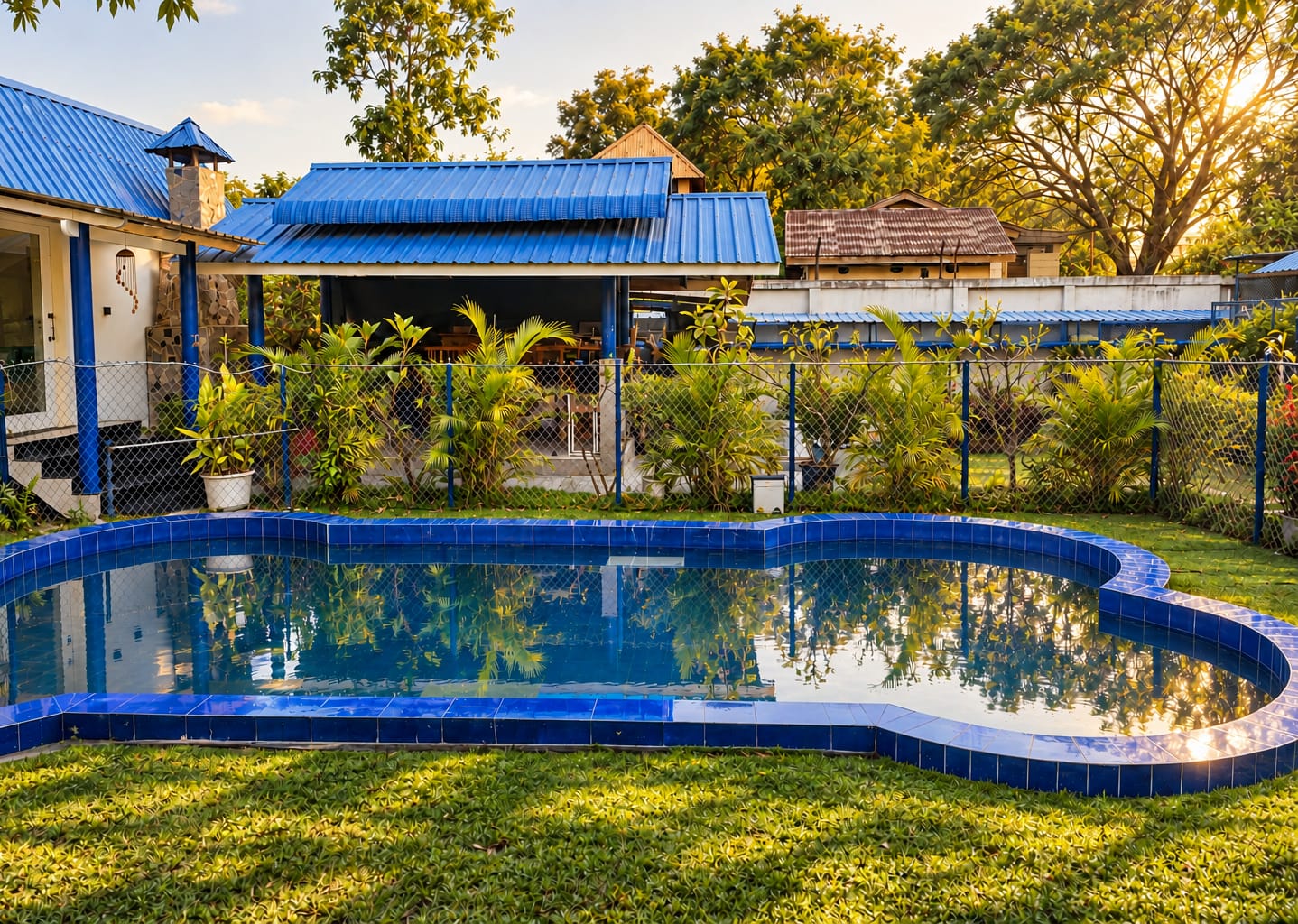 The curved blue-tiled pool on the lawn, with blue-roofed buildings and trees behind